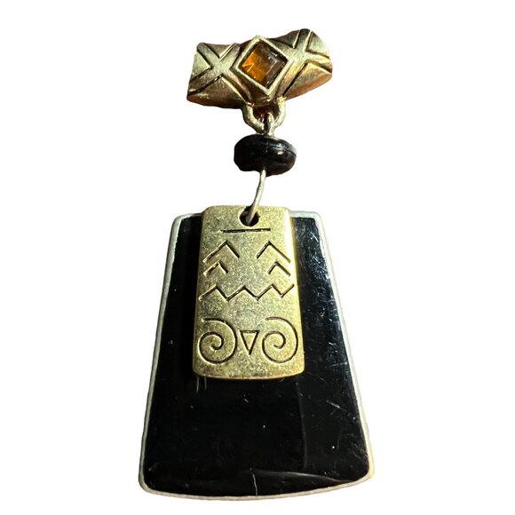KC Kenneth Cole Pendant Jet Black‎ Trapezoid Gold Tone Orange Stone Accent - Picture 1 of 5